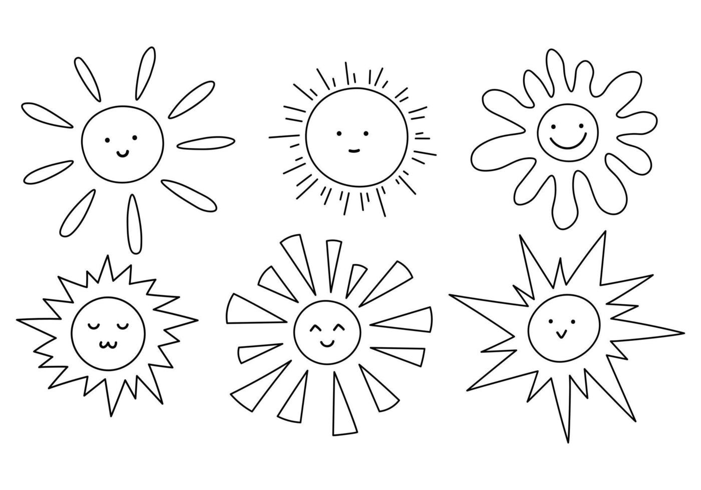 grafisk uppsättning av annorlunda klotter söt solar. linje klotter skisser av olika tecknad serie solar vektor