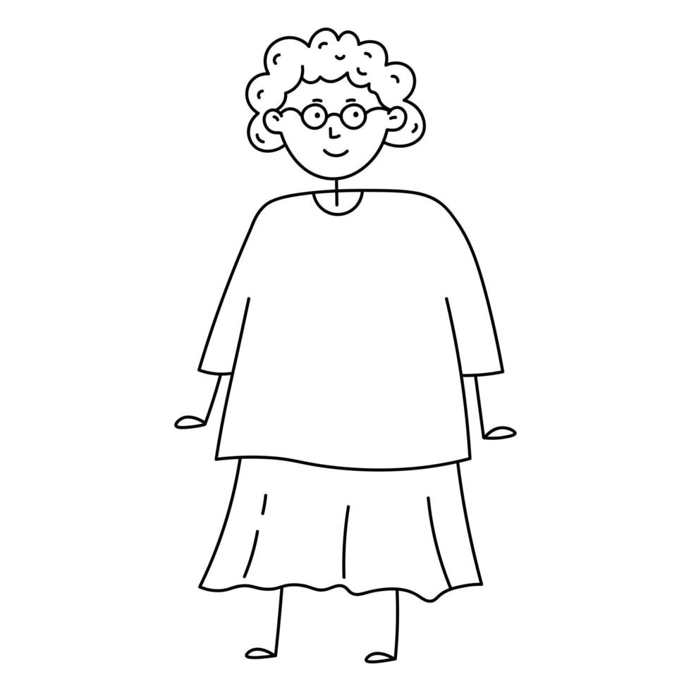klotter tecknad serie grafisk illustration av söt farmor. linje skiss av mormor i glasögon vektor