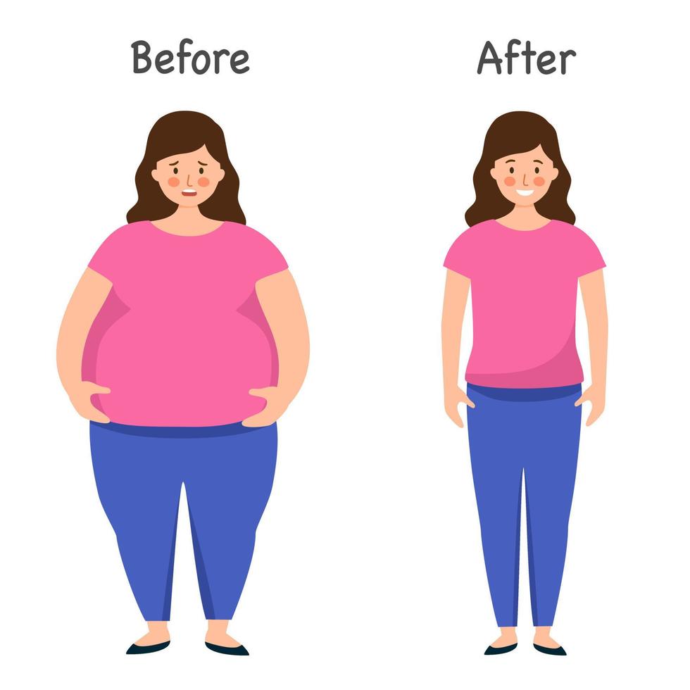 kvinna fett och smal kropp efter vikt förlust i platt design på vit bakgrund. vektor