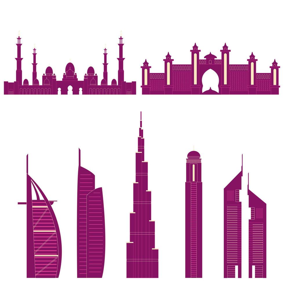 Dubai Stadt Silhouette. Vektor Illustration mit alle berühmt Türme. Stadtbild. Vereinigte Arabische Emirate