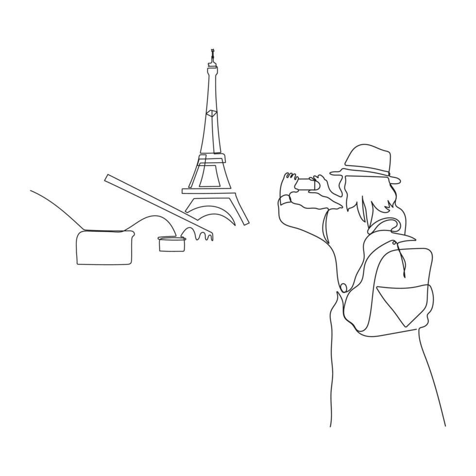 turist flicka tar Foto av eiffel torn i paris med smartphone, resa i Europa. turism begrepp. ett linje vektor illustration.
