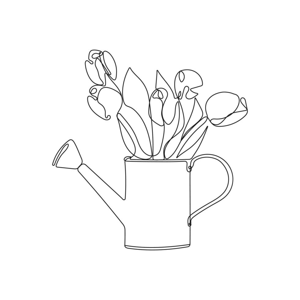 vattning kan med blommor. ett linje konst. bukett av tulpaner i vattning burk. vår vektor illustration.