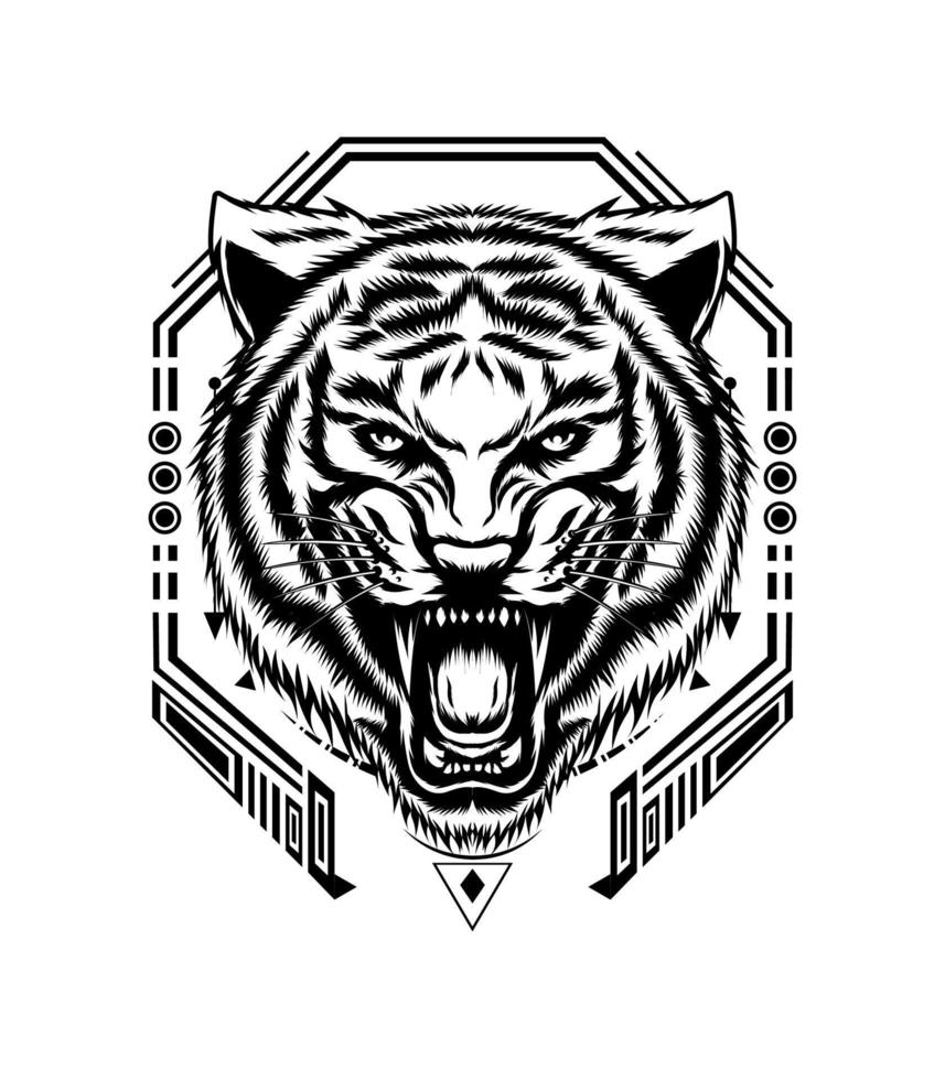 Tiger brüllend Vektor Illustration schwarz und Weiß Stil