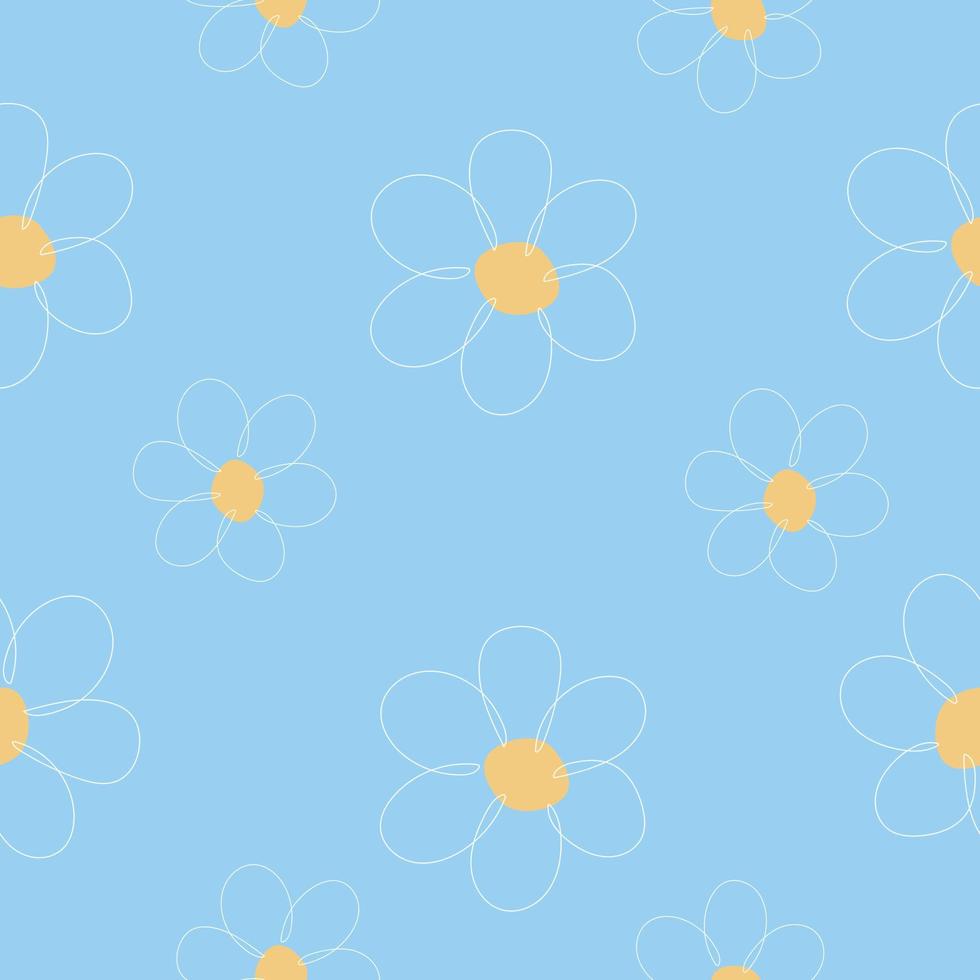 sömlös mönster av blommor ritad för hand med ett linje på en blå bakgrund vektor
