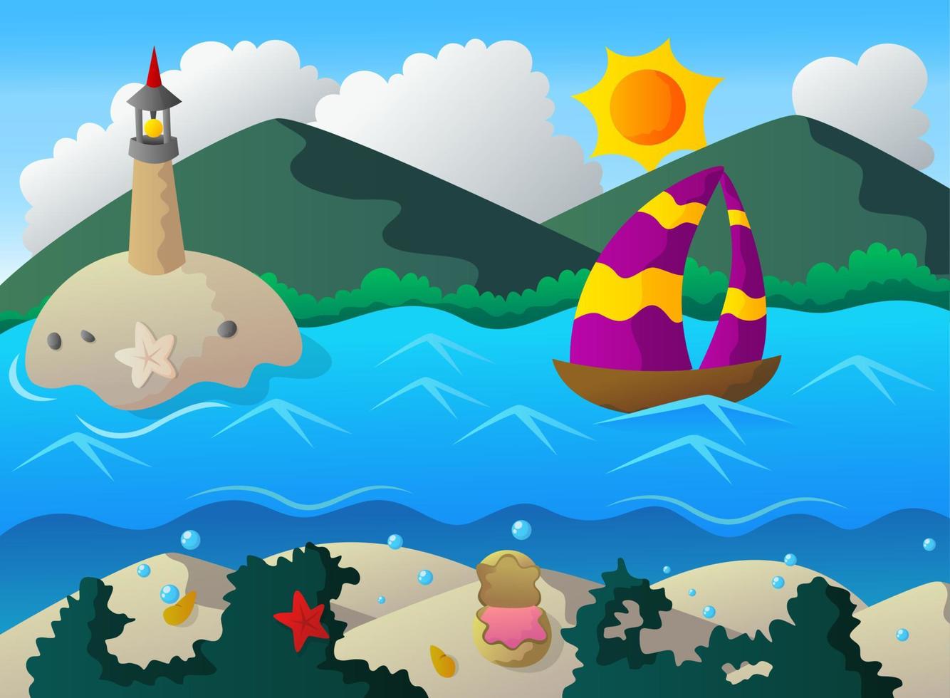 Segelboot und Leuchtturm mit das unter Wasser Landschaft Hintergrund, Vektor Illustration