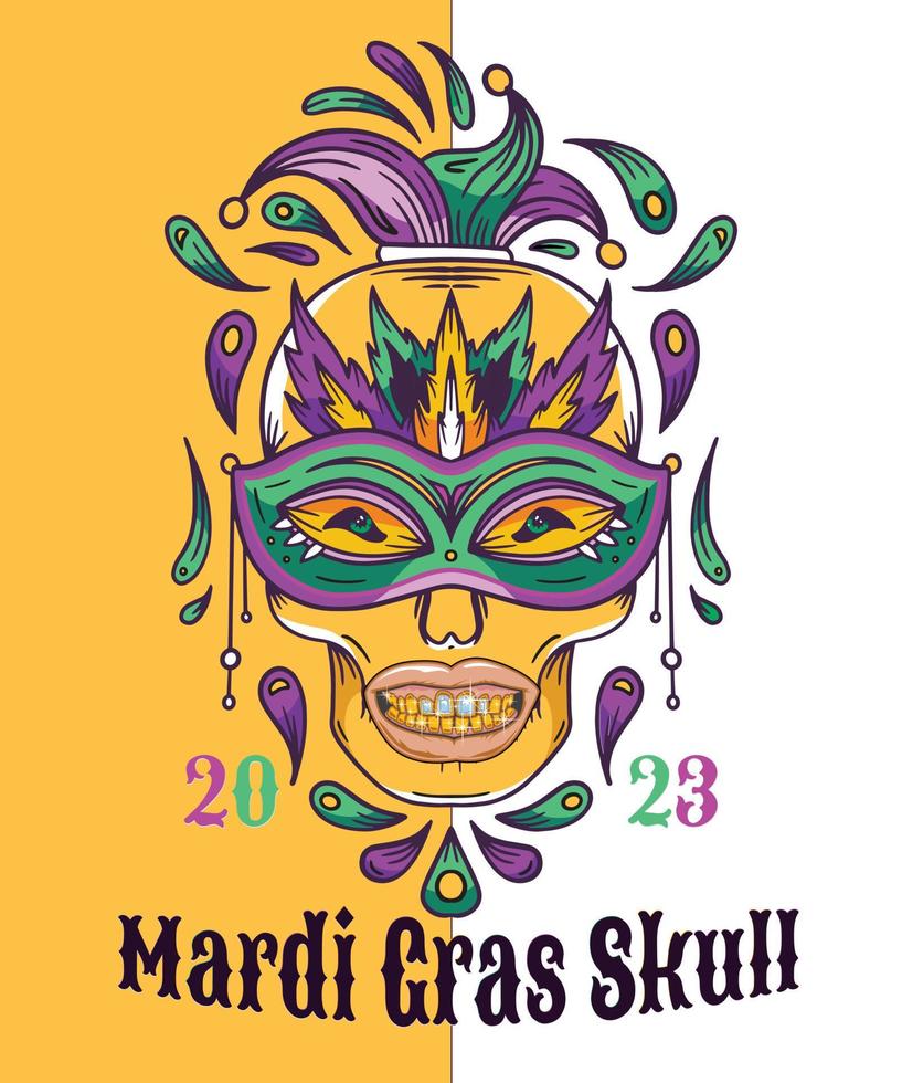 mardi gras skalle gyllene mun t-shirt 2023 Häftigt t-shirt design den där funktioner en skalle gyllene mun i mardi gras kostym vektor