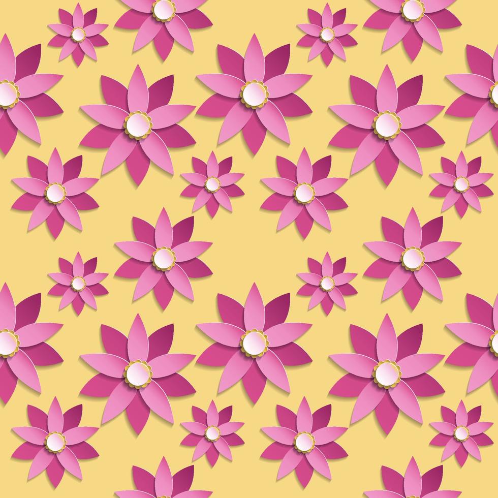 Blumen- nahtlos Muster im Papier Schnitt Stil. Rosa Origami Blumen auf Gelb Hintergrund. Vektor Illustration.