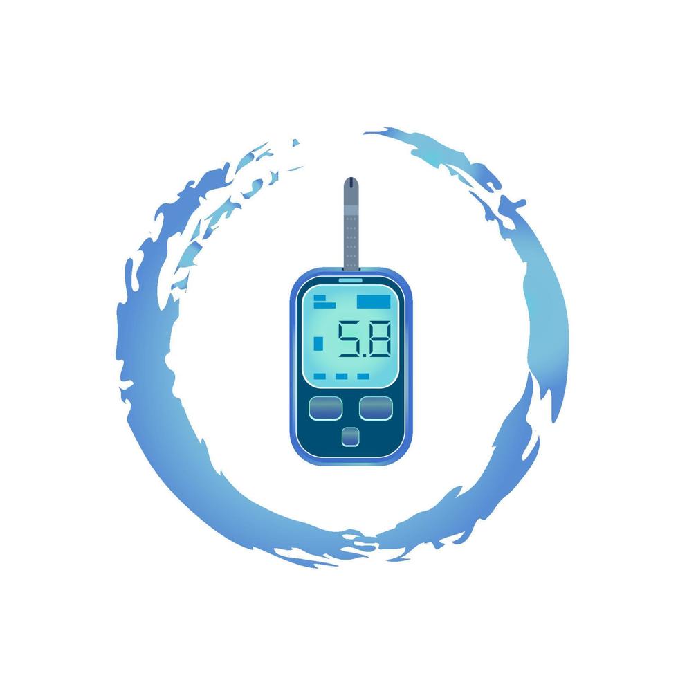 glukos meter med en testa remsa som visar 5.8 resultat i de skärm. friska vana, sjukvård symbol i realistisk borsta stroke, färgad med blå lutning. abstrakt emblem, medicinsk enhet vektor
