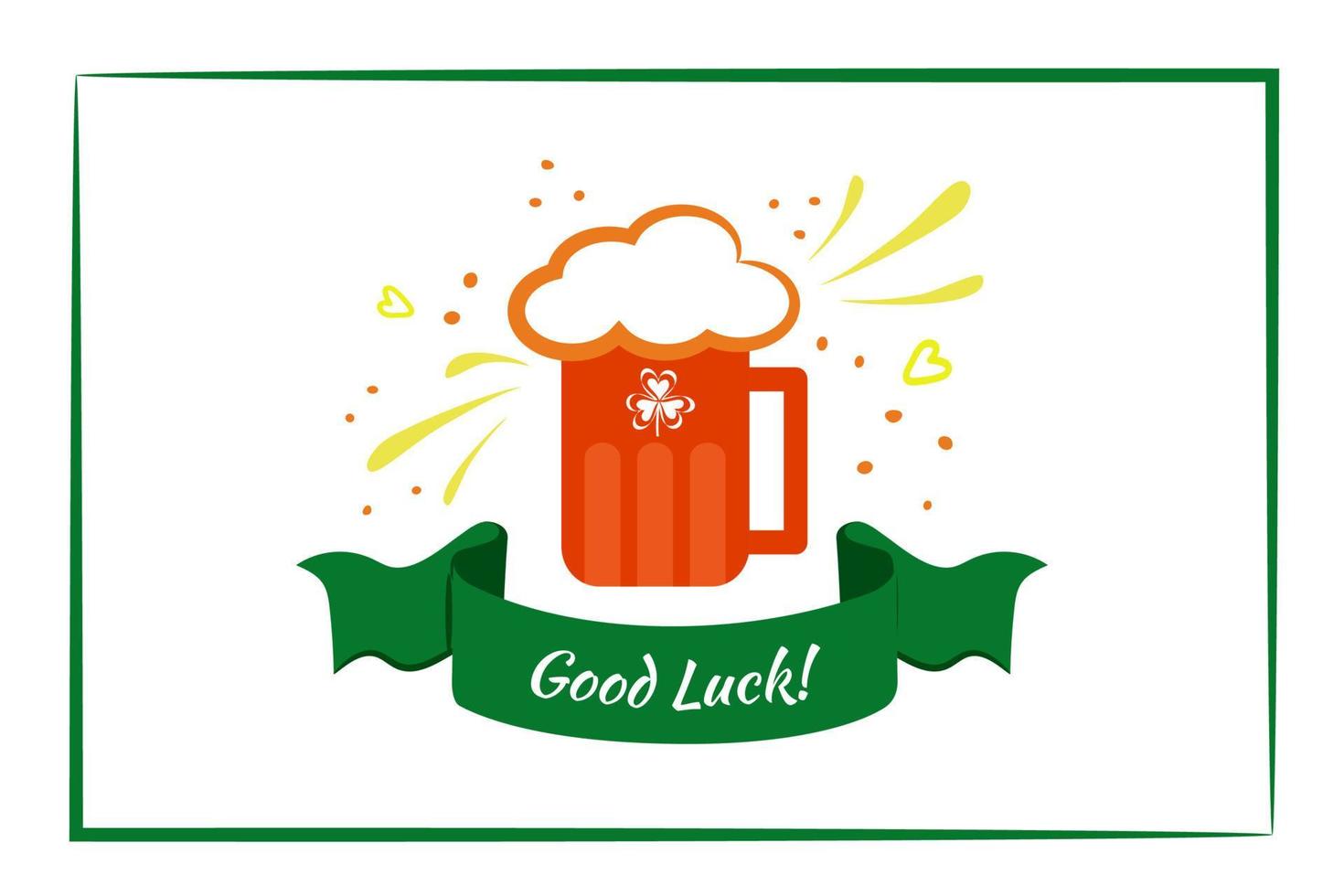Wunsch von gut Glück, Toast zum irisch Party, Feier, geschrieben auf elegant Grün Schleife. Orange Bier Becher mit Reich Schaum und Kleeblatt Design. einfach skizzieren, festlich drucken im Farben von irisch Flagge vektor