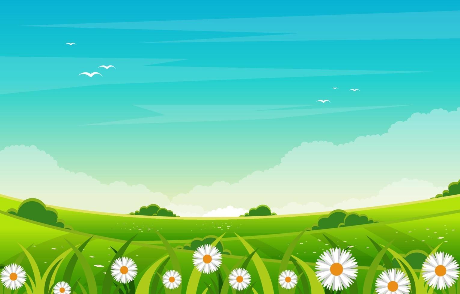 sommarplats med grönt fält och illustration för blå himmel vektor