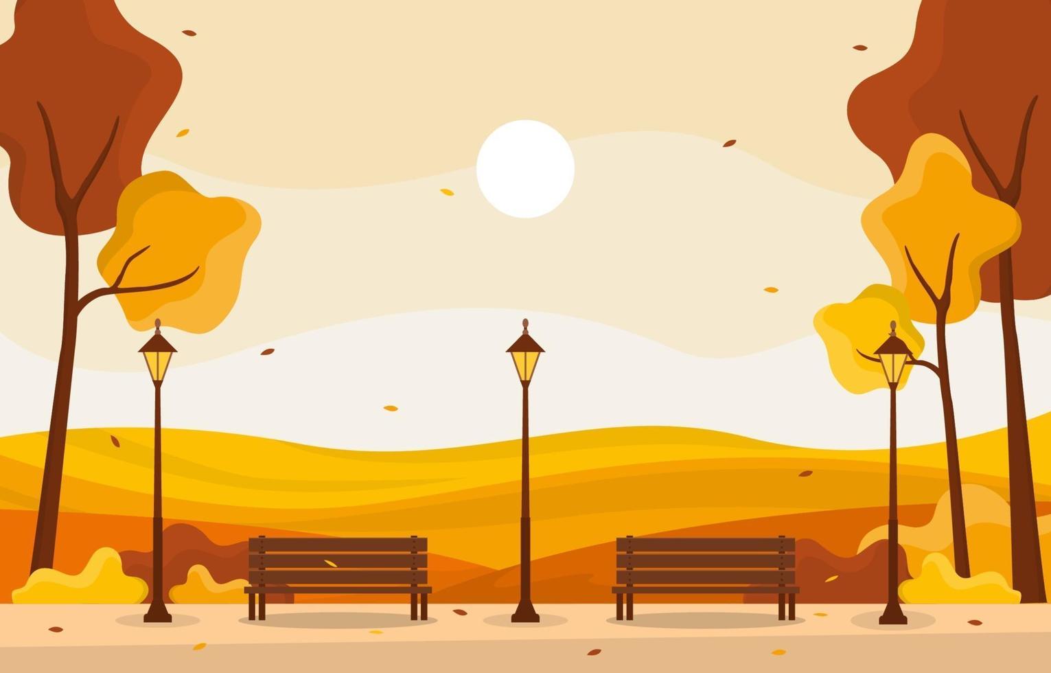 goldene Herbstparkszene mit Bäumen, Lampen und Bänken vektor