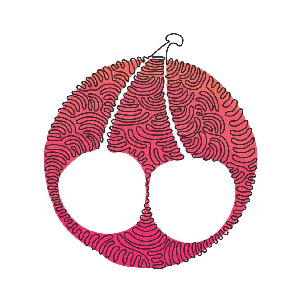 enda en rad ritning av hela hälsosamma ekologiska körsbär för fruktträdgårdslogotyp identitet. färsk frukt koncept för frukt trädgård ikon. swirl curl cirkel bakgrundsstil. kontinuerlig linje rita design vektor