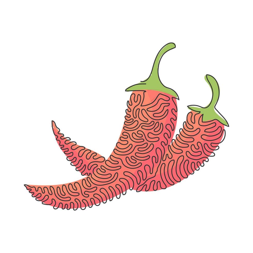 Kontinuierliche eine Linie, die ganze gesunde organische scharfe Chilis für die Identität des Farmlogos zeichnet. Konzept der frischen Chilischoten für das Gemüsesymbol. Wirbel-Curl-Stil. Einzeilige Zeichnungsdesign-Vektorillustration vektor