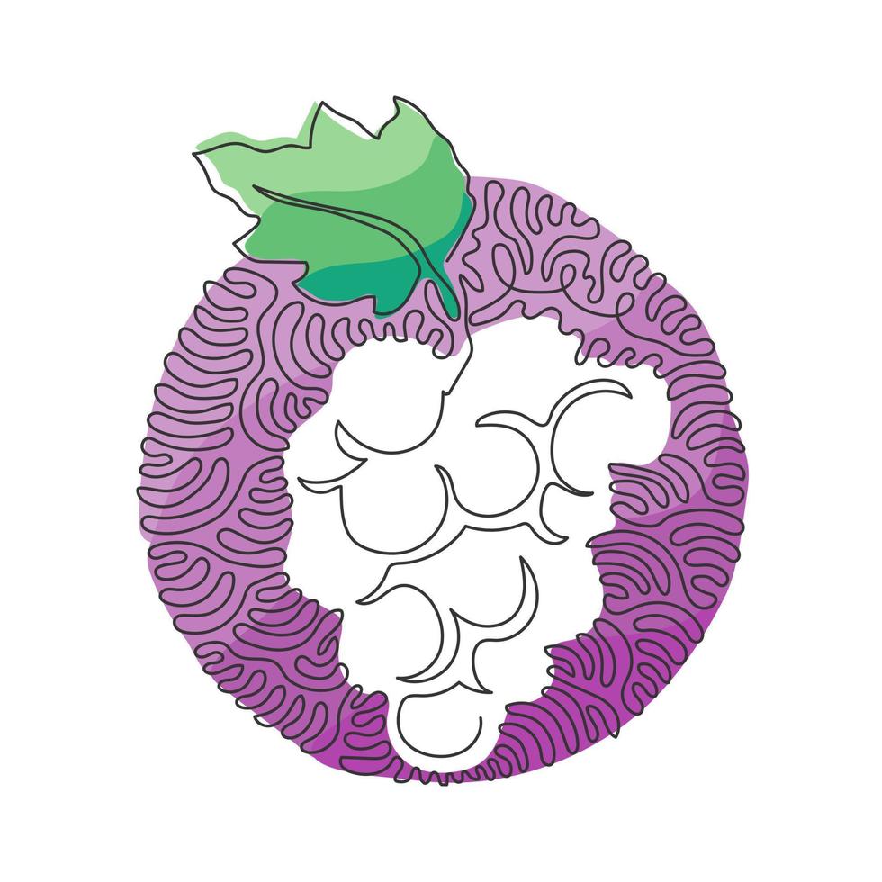 enda en rad ritning hälsosamma ekologiska druvor för vingård logotyp. färsk tropisk frukt koncept för fruktträdgård trädgård ikon. swirl curl cirkel bakgrundsstil. kontinuerlig linje rita design vektor