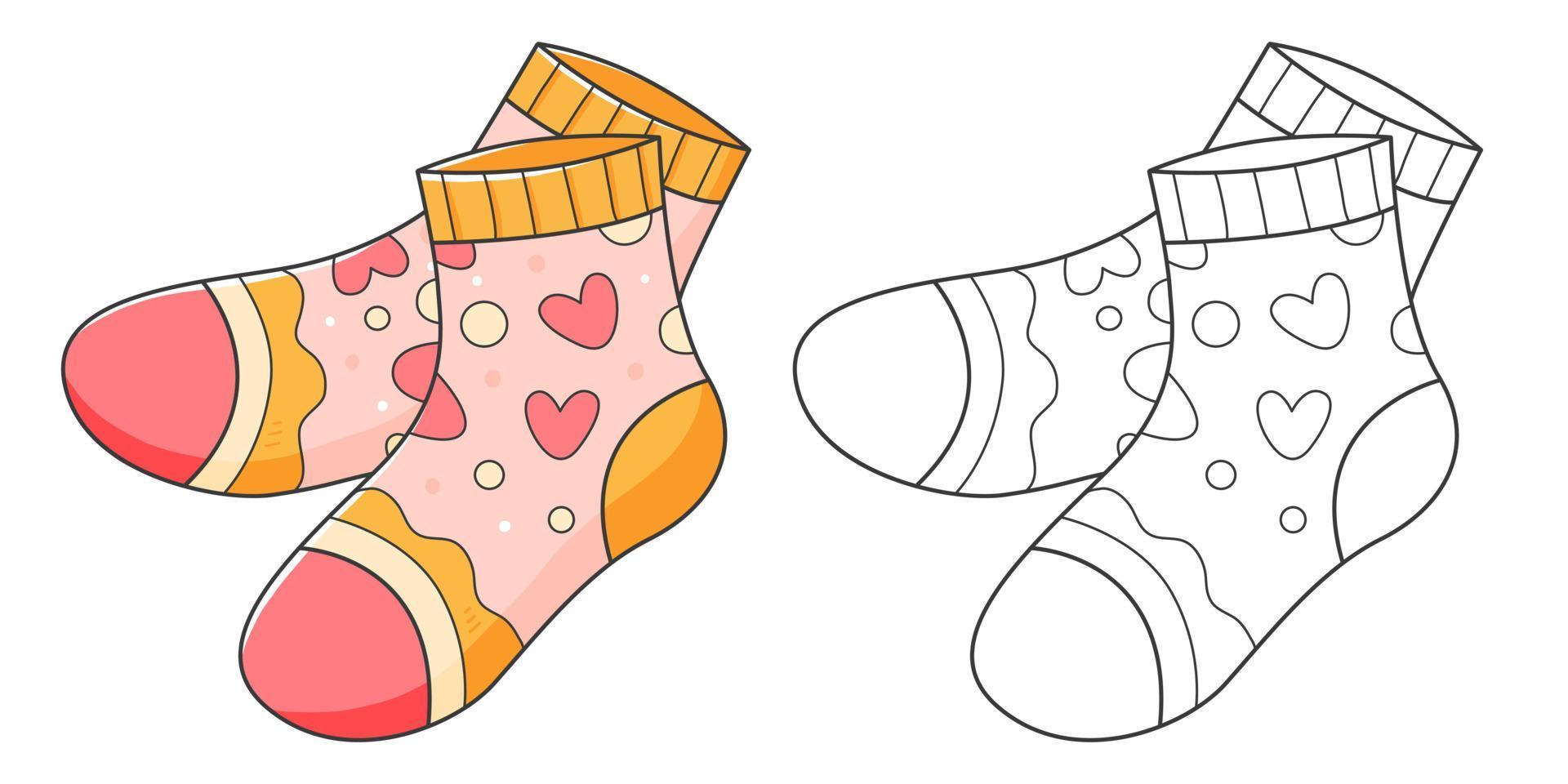 ein Paar von Socken Färbung Buch mit Färbung Beispiel zum Kinder. Färbung Seite mit Socken. einfarbig und Farbe Ausführung. Vektor Kinder- Illustration.