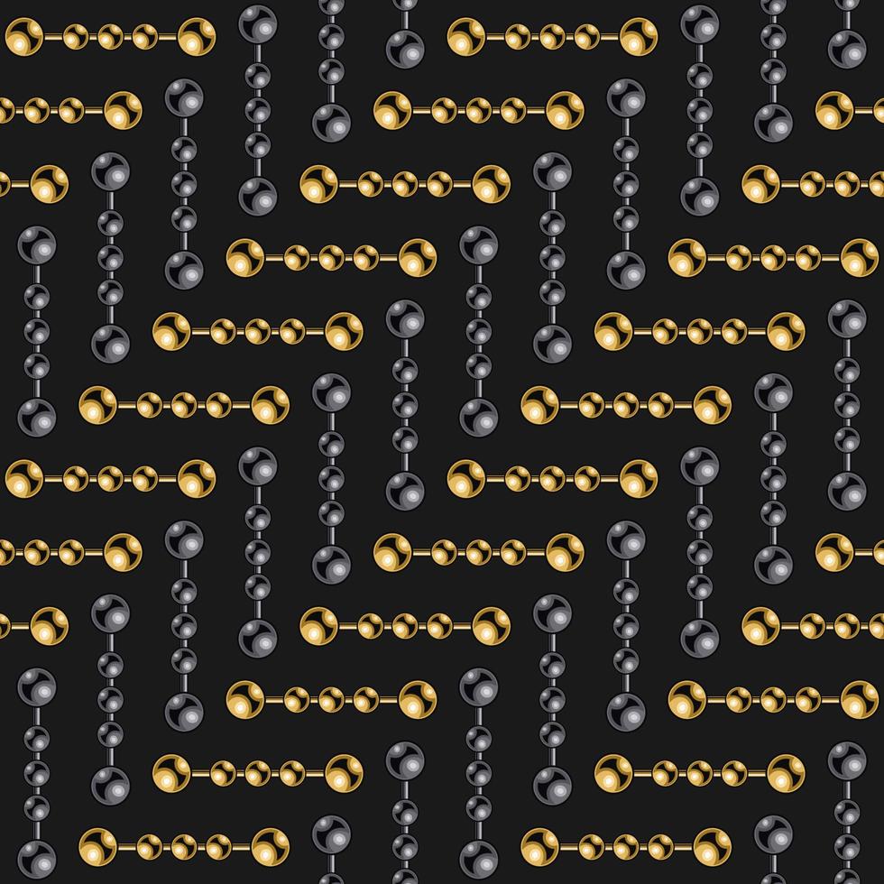 sömlös geometrisk fiskbens mönster med guld och svart boll kedjor på en svart bakgrund. vektor illustration.