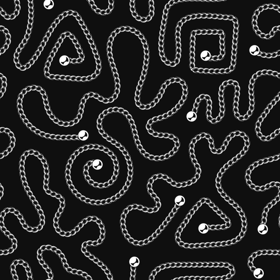 nahtlos Muster mit verschiedene abstrakt Formen von Metall Ketten und Perlen auf ein schwarz Hintergrund. Weiß auf schwarz Vektor Illustration zum drucken, Stoff, Textil.