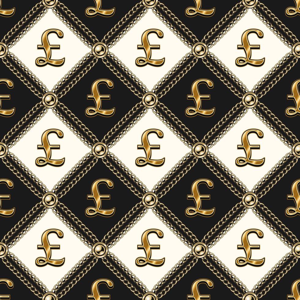 gestaffelt Luxus Jahrgang schwarz und Weiß Muster mit glänzend Gold Pfund Sterling Zeichen, Gold Ketten, Perlen. vektor