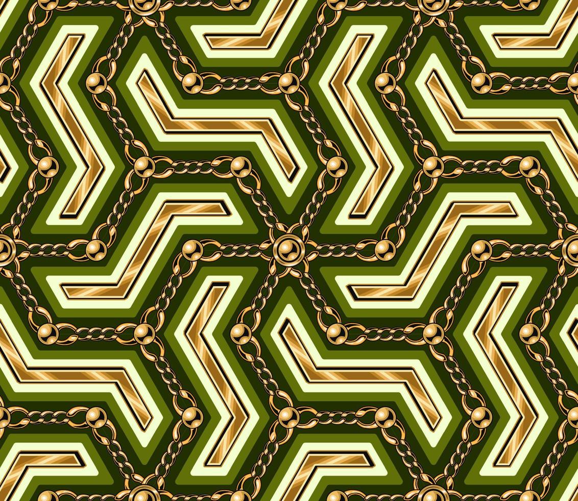 nahtlos Jahrgang Arabeske Muster mit Gold Kette, Perlen. geometrisch Gitter mit Zickzack- Formen. klassisch Beige Hintergrund. Vektor Illustration