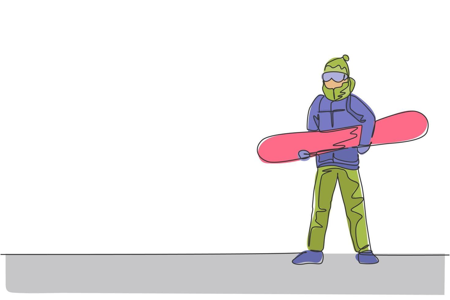 en kontinuerlig linje ritning av ung sportig man snowboardåkare som håller snowboard i alperna snöiga pulverberget. vinter livsstil sport koncept. dynamisk enkel linje rita design vektor grafisk illustration