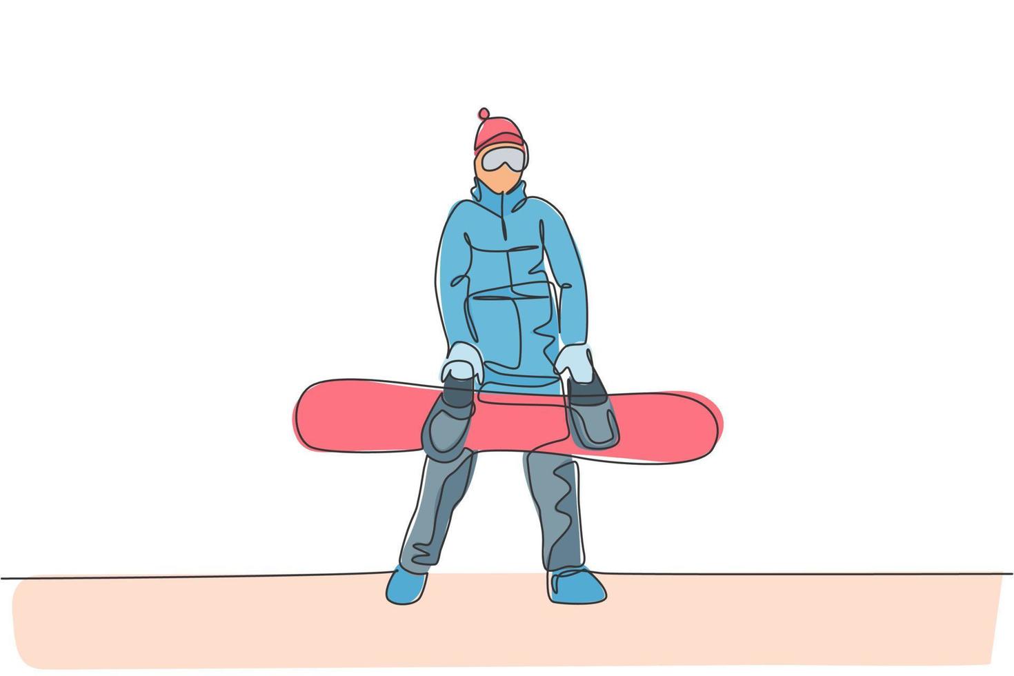 Eine durchgehende Strichzeichnung eines jungen, sportlichen Snowboarders, der ein Snowboard im verschneiten Pulverberg der Alpen hält. Winter-Lifestyle-Sport-Konzept. dynamische einzeilige Zeichnungsdesign-Vektorillustration vektor