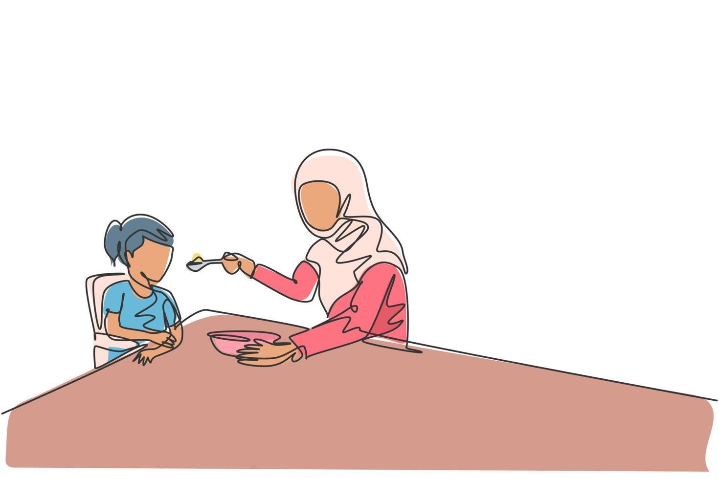 enda kontinuerlig ritning av ung islamisk mamma som matar hälsosam mat till dottern vid frukosttiden. arabiska muslimska lyckliga familjen moderskap koncept. trendig en linje rita design vektor illustration