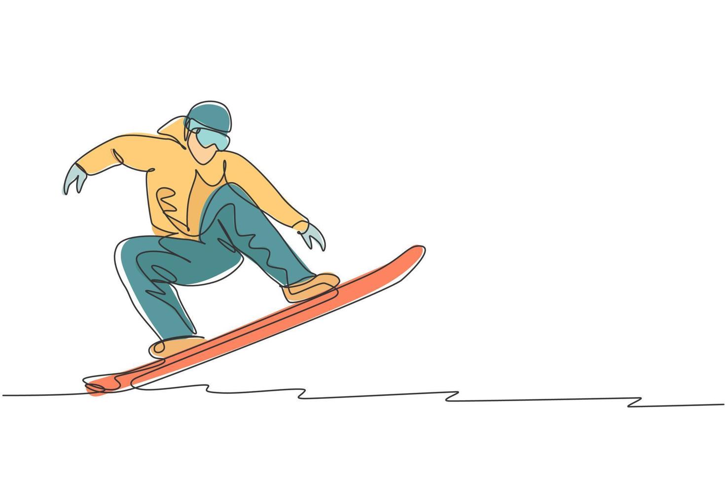 en enda radritning ung energisk snowboardåkare man rider snabbt snowboard på snöig berg grafisk vektorillustration. turist semester livsstil sport koncept. modern kontinuerlig linje rita design vektor