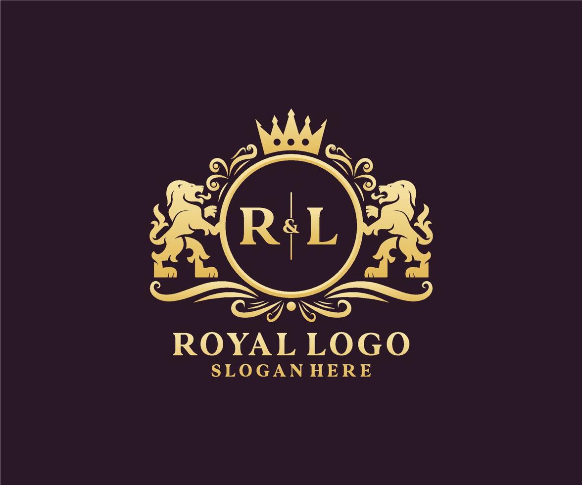 första rl brev lejon kunglig lyx logotyp mall i vektor konst för restaurang, kungligheter, boutique, Kafé, hotell, heraldisk, Smycken, mode och Övrig vektor illustration.
