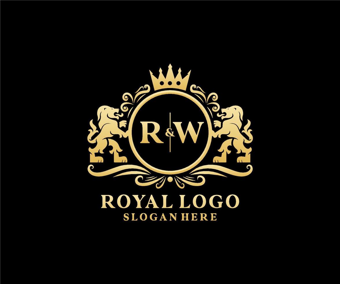 första rw brev lejon kunglig lyx logotyp mall i vektor konst för restaurang, kungligheter, boutique, Kafé, hotell, heraldisk, Smycken, mode och Övrig vektor illustration.