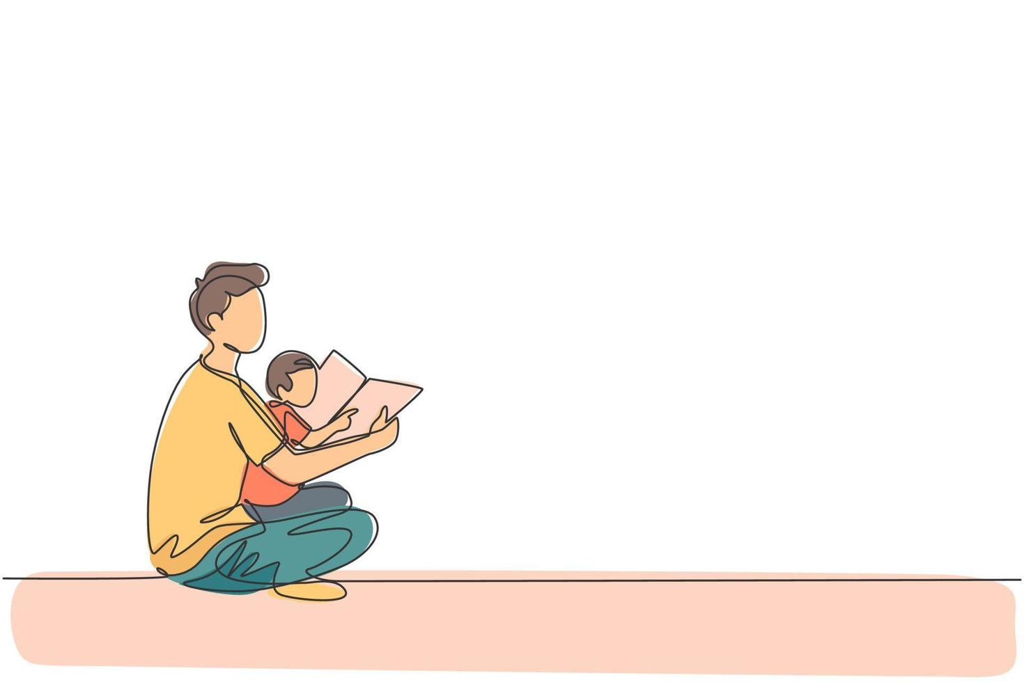 Eine einzige Strichzeichnung des jungen Vaters, der auf dem Boden sitzt und seinem Sohn zu Hause ein Geschichtenbuch vorliest, Vektorgrafik-Grafik. glückliches familienerziehungskonzept. modernes Design mit durchgehender Linienführung vektor