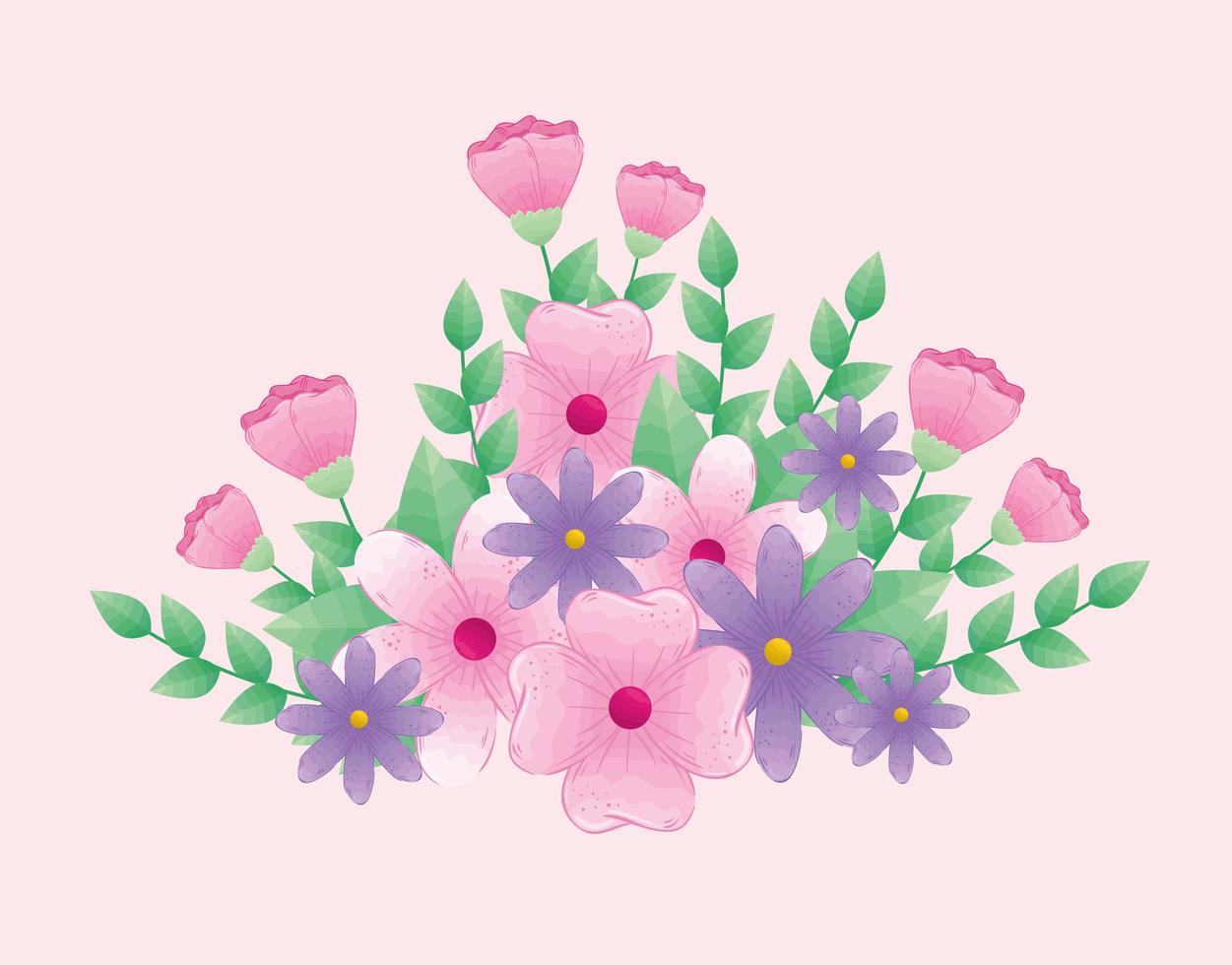 söta rosa och lila blommor med grenar och löv vektor