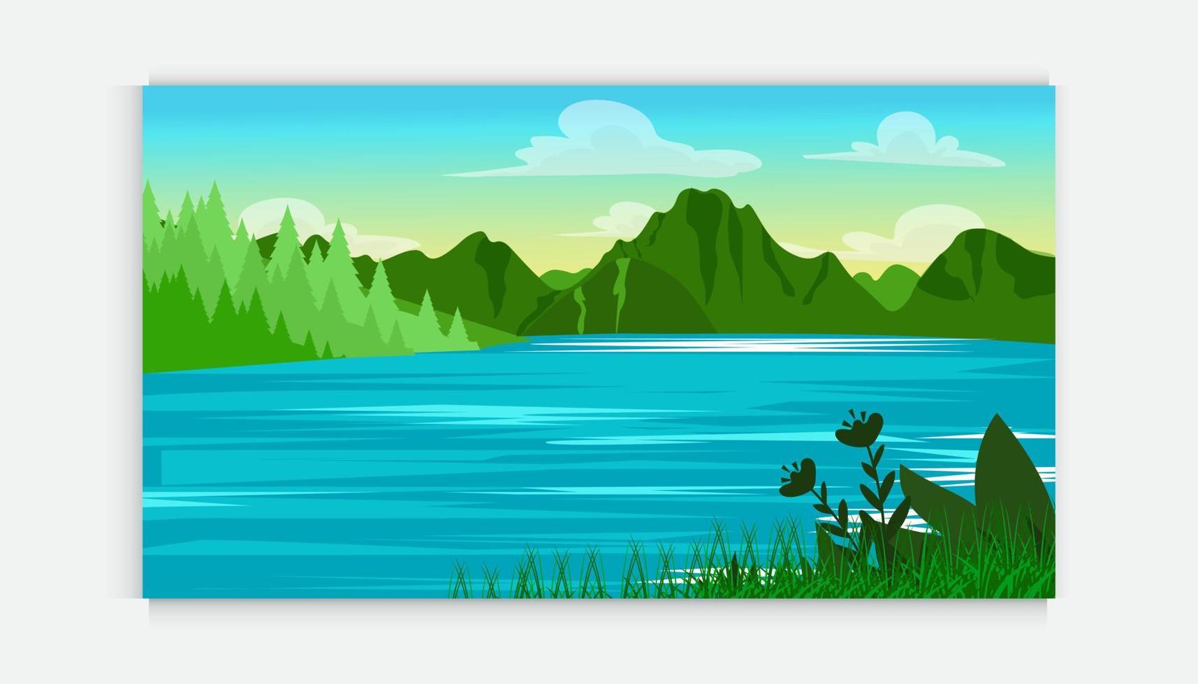 natur scen med träd , blå himmel ,kulle, flod. en skön sjö landskap. platt vektor landsbygden tecknad serie stil illustration av natur landskap med träd och berg ovan flod.