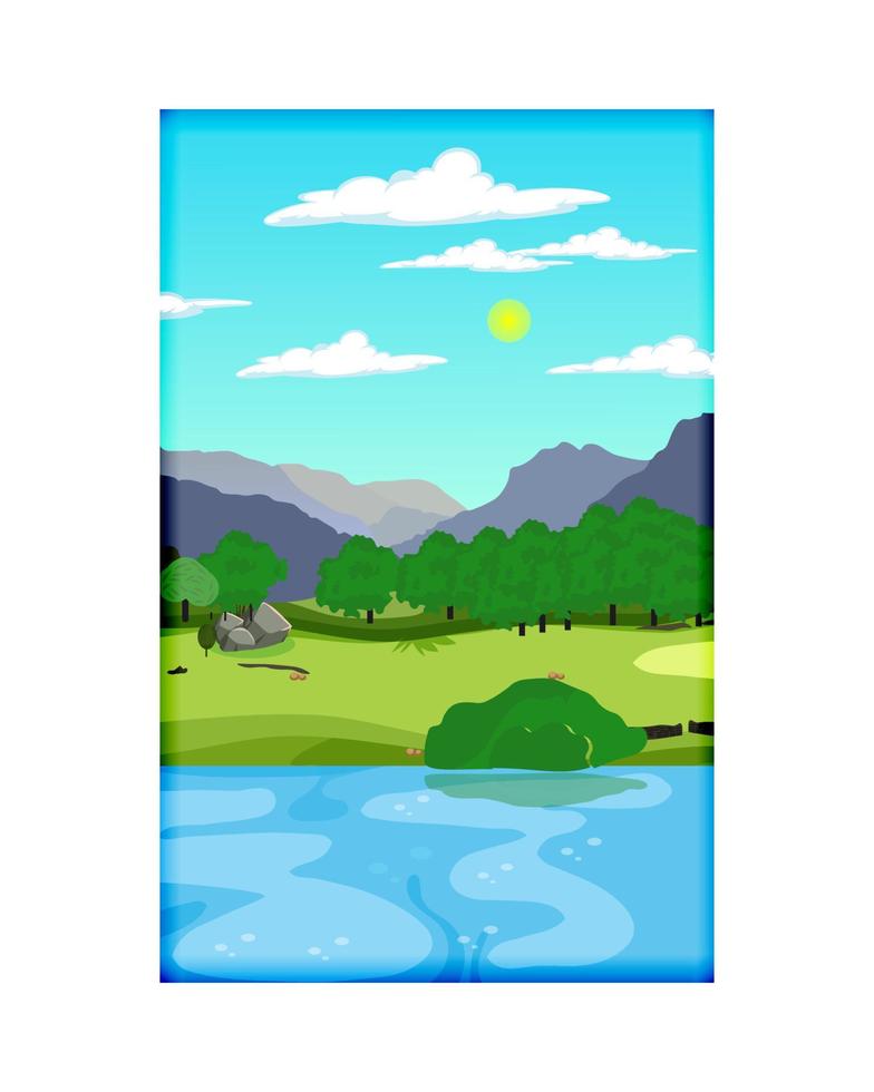 Natur Szene mit Bäume , Blau Himmel ,hügel, Fluss. ein schön See Landschaft. eben Vektor Landschaft Karikatur Stil Illustration von Natur Landschaft mit Bäume und Berg über Fluss.