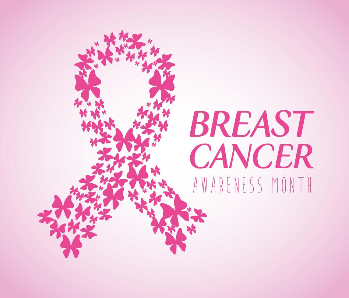 rosa band, symbol för världsmedvetenhet månad för bröstcancer med fjärilar vektor