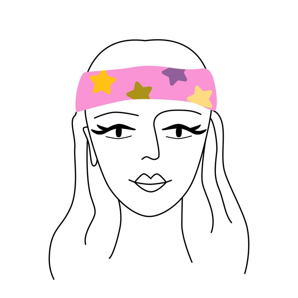 Hippie Mädchen im Bandana Stirnband isoliert auf Weiß Hintergrund. 70er Jahre retro groovig Wiederbelebung. Linie Kunst. retro positiv Schwingungen. vektor