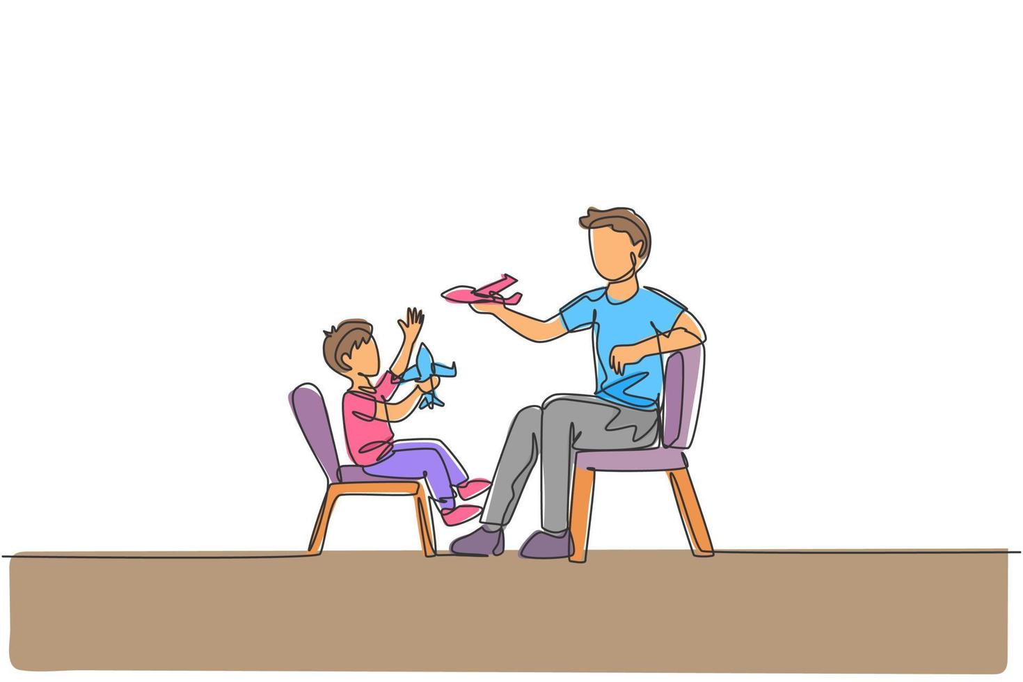 Eine einzige Linie, die den jungen Vater und seinen Sohn auf dem Stuhl sitzt und zu Hause zusammen Flugzeugspielzeug spielt, Vektorgrafik. glückliches familienbindungskonzept. modernes Design mit durchgehender Linienführung vektor