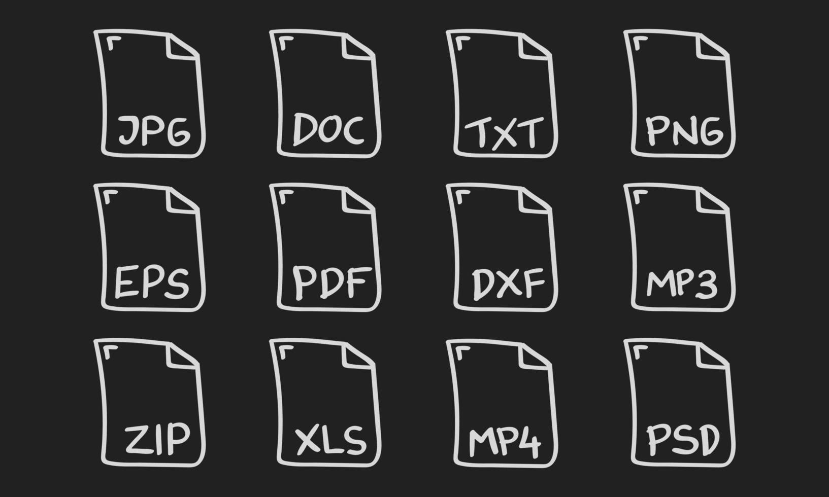hand dragen fil typer ikon på svarta tavlan vektor