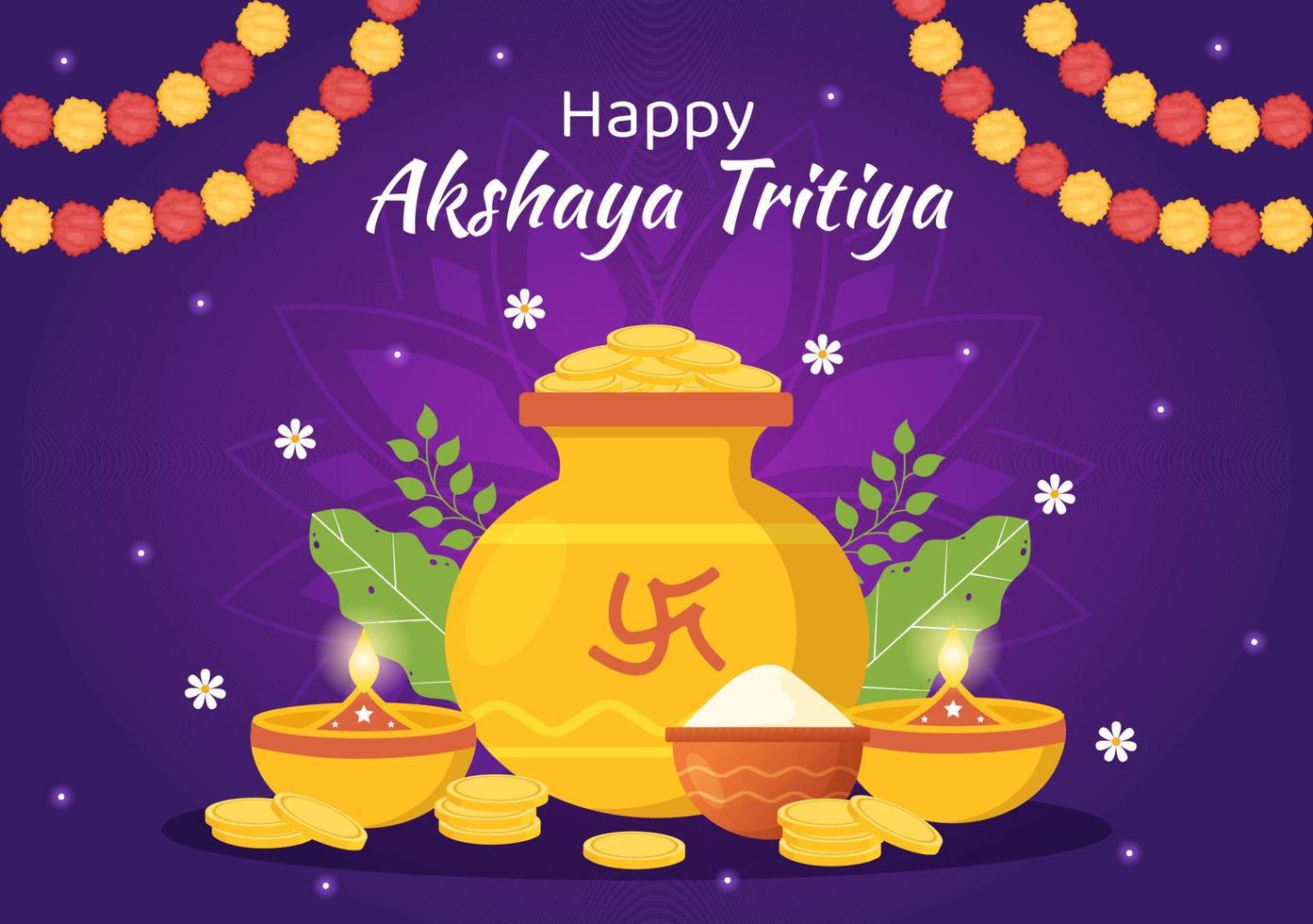 akshaya tritiya festival illustration med en gyllene kalash, pott och guld mynt för dhanteras firande i hand dragen för landning sida mallar vektor