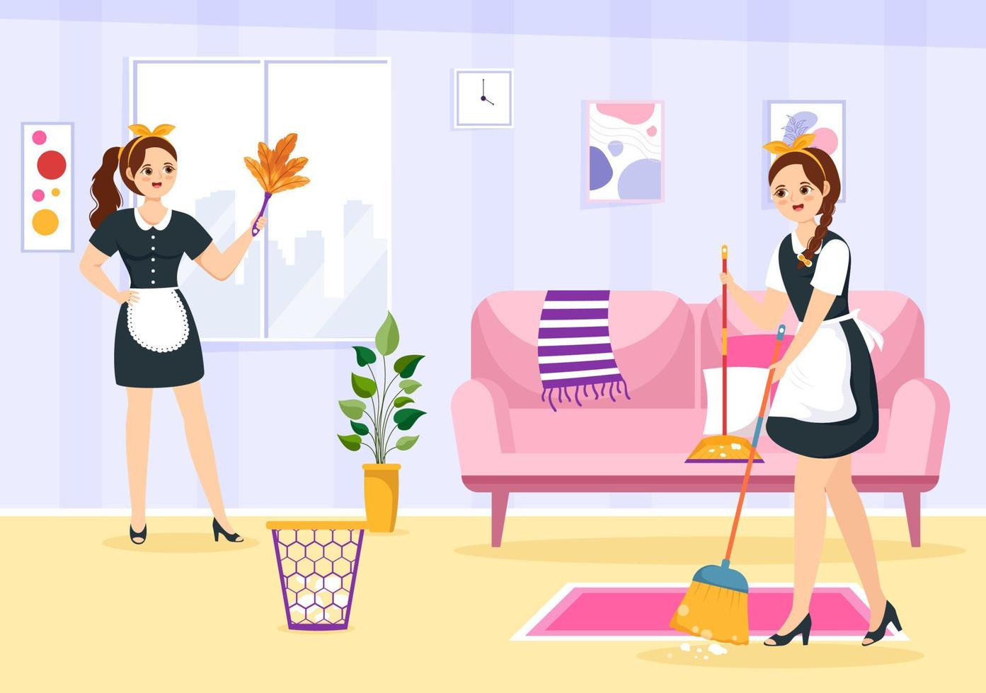 Fachmann Mädchen Maid Illustration von Reinigung Bedienung tragen ihr Uniform mit Schürze zum sauber ein Haus im eben Karikatur Hand gezeichnet Vorlagen vektor