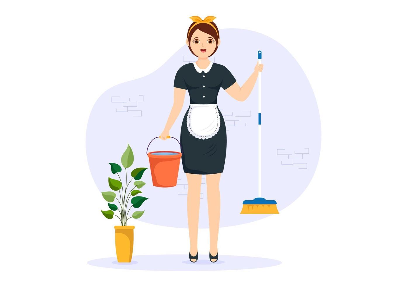 professionell flicka hembiträde illustration av rengöring service bär henne enhetlig med förkläde för rena en hus i platt tecknad serie hand dragen mallar vektor