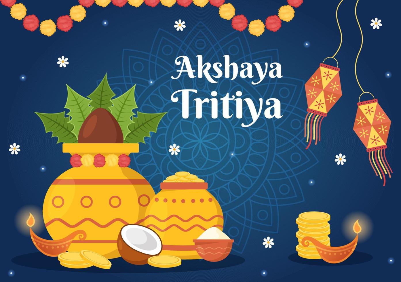 Akshaya tritiya Festival Illustration mit ein golden Kalasch, Topf und Gold Münzen zum Dhanteras Feier im Hand gezeichnet zum Landung Seite Vorlagen vektor