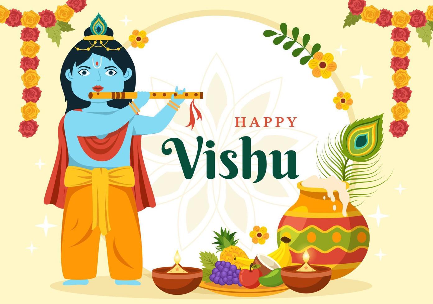 glücklich Vishu Festival Illustration mit traditionell Kerala Kani, Früchte und Gemüse zum Landung Seite im eben Karikatur Hand gezeichnet Vorlagen vektor