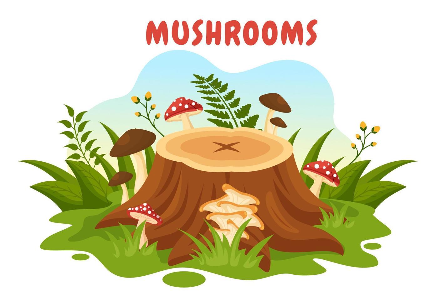 Pilze Illustration mit anders Pilz, Gras und Insekten zum Netz Banner oder Landung Seite im eben Karikatur Hand gezeichnet Vorlagen vektor