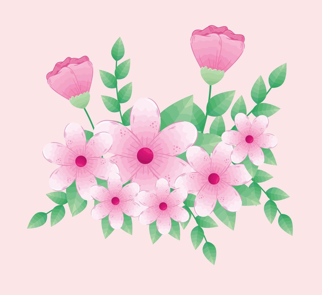 süße rosa Blüten mit Zweigen und Blättern vektor