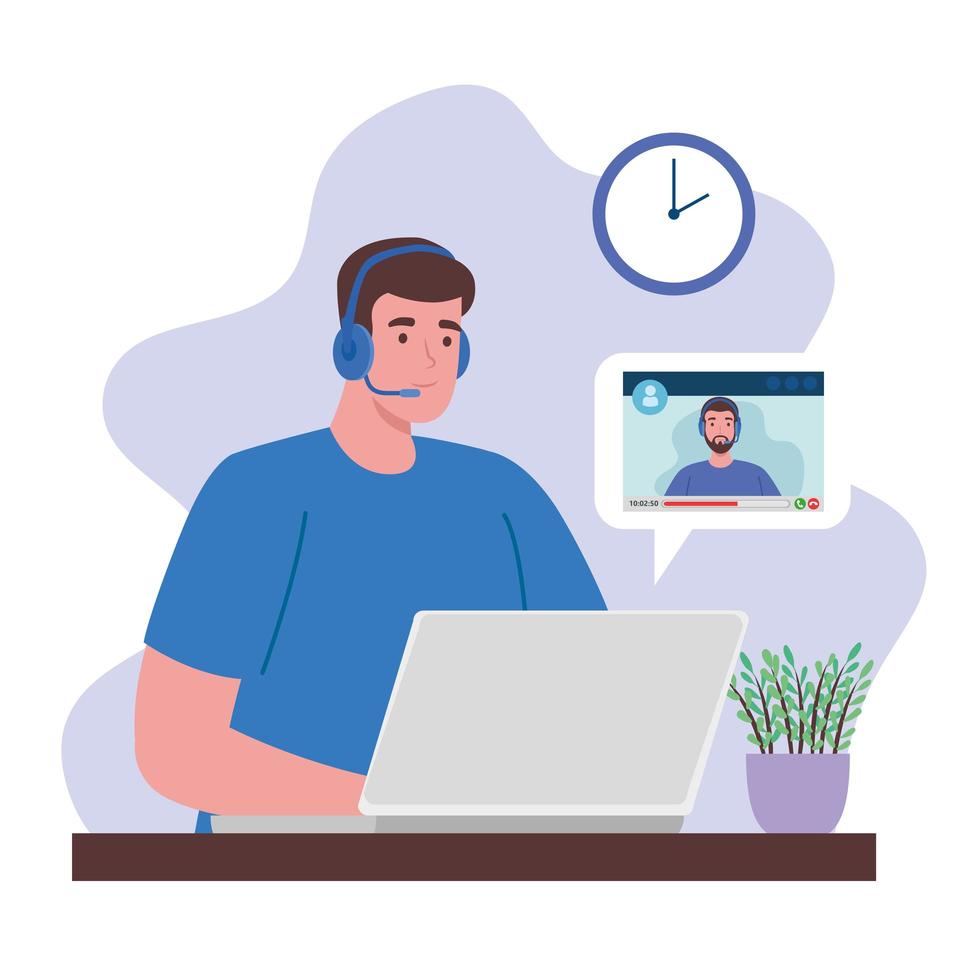 man som arbetar hemifrån i en videokonferens med kollega vektor