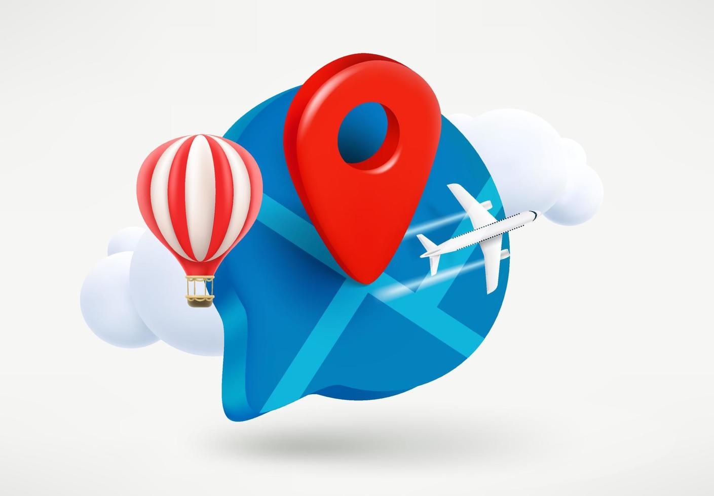 Rede Wolke mit Karte Stift, Jet, Ballon und Wolken. Reise Konzept. 3d Vektor Illustration