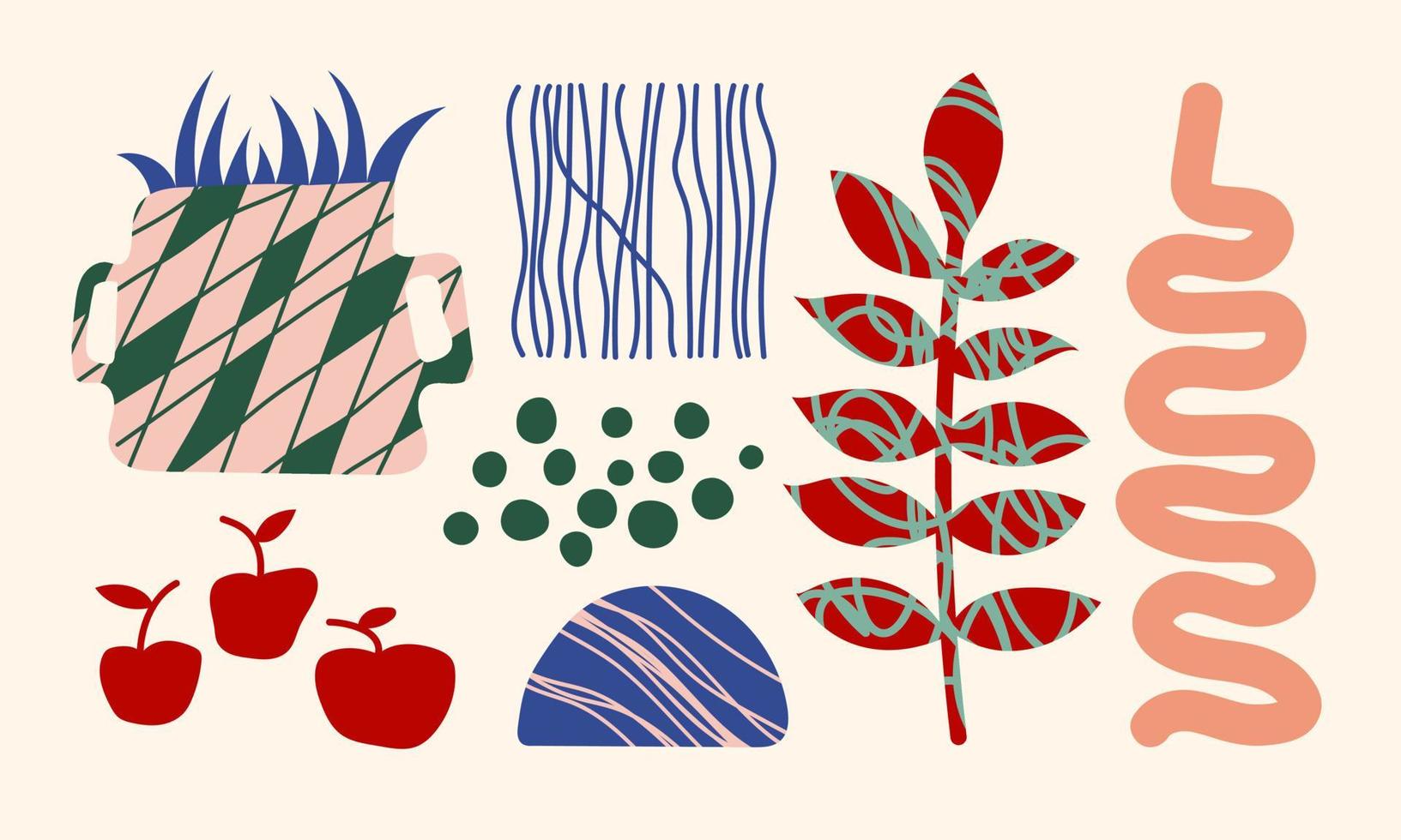 Aufkleber Satz. Vasen, Texturen, Pflanzen, Blumen, Früchte. Zeichnung Stil. bunt Abbildungen zum Abdeckungen, Bilder. Innere malen. Hand gezeichnet Mode Vektor Illustration.