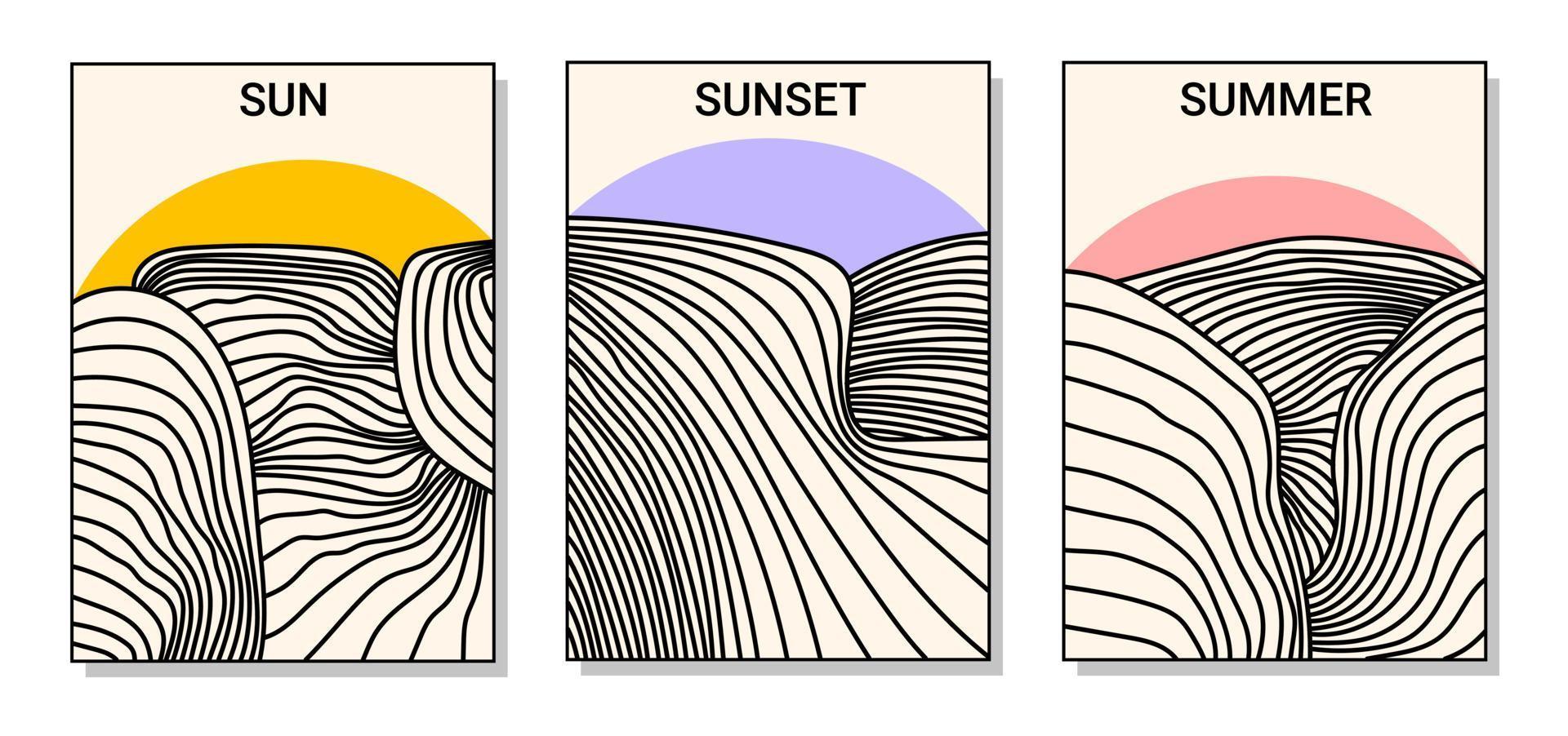 einstellen von abstrakt Gemälde. abstrakt Formen, Linien. Bild von Felder, Berge, Sonne, Wellen. Vektor Illustration.