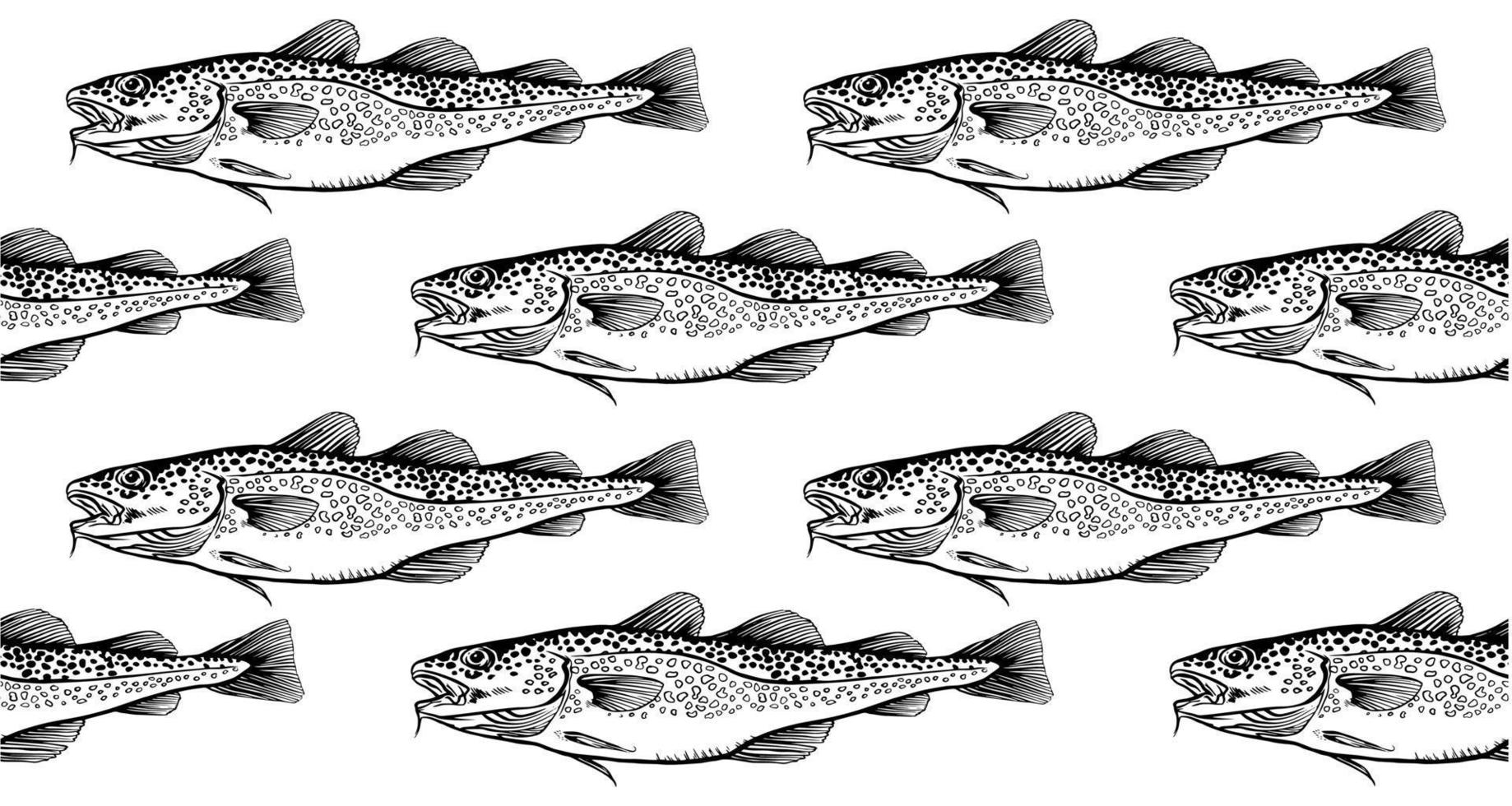 bläck hand dragen vektor illustration av torsk fisk, gadus morhua, sömlös mönster