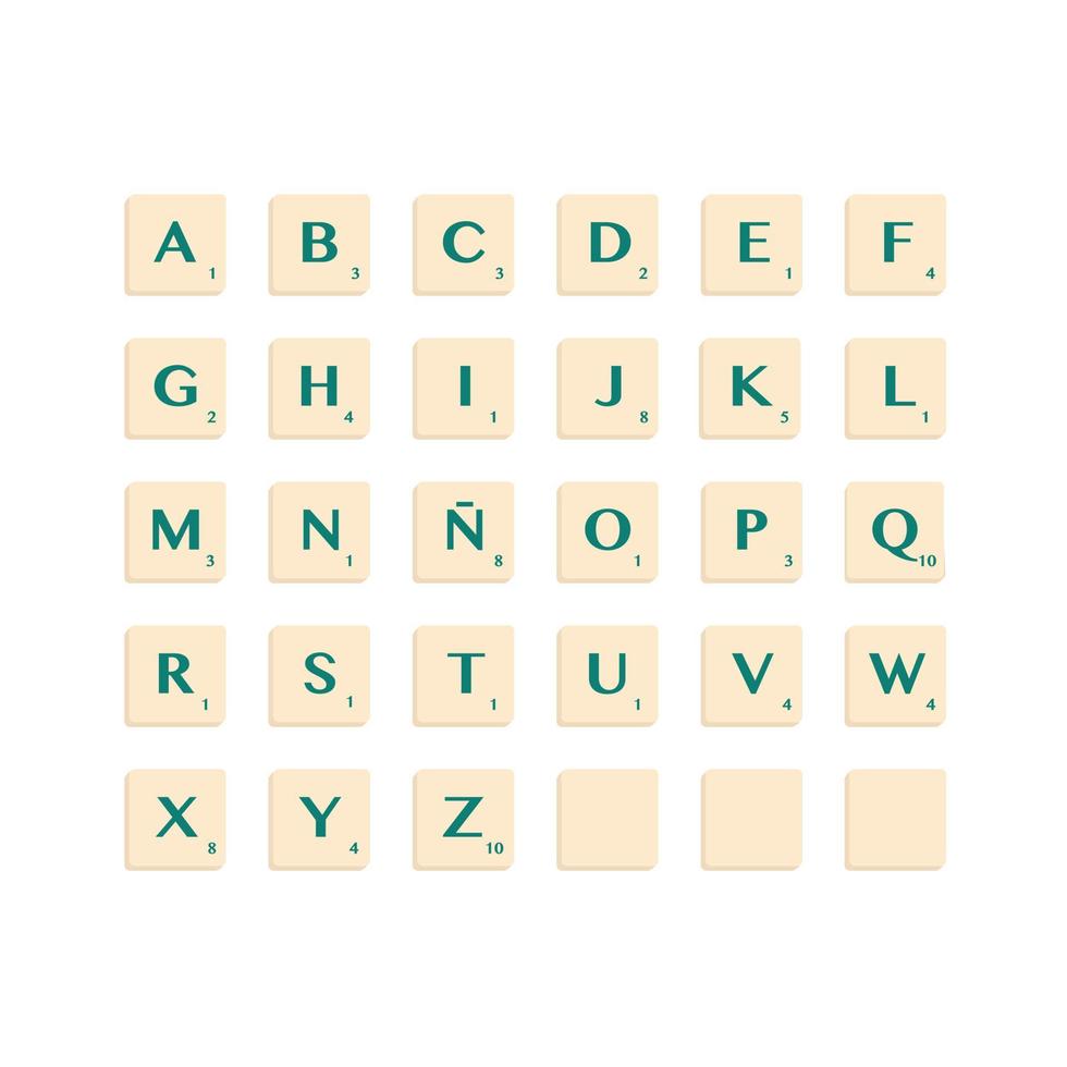 gren komplett alfabet versal i scrabble brev. isolera vektor illustration redo till komponera ord och fraser